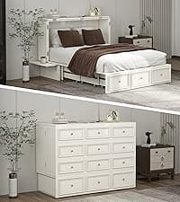 Murphy Bed Cabinet Full with Tri-Folding Mattress, Solid Wood Murphy Bed with 2 USB & 2 Charging Ports, Large Storage Drawer for Home Office or Small Space, Ebony Wood Color