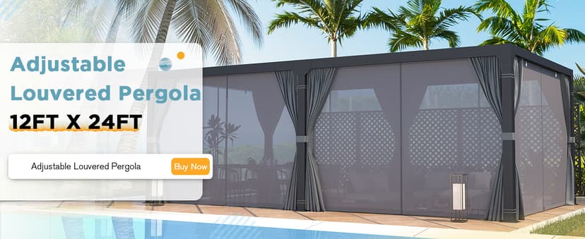 EROMMY Louvered Pergola 12' x 24' Outdoor Hard Top Pergola with Aluminum Frame and Adjustable Metal Rainproof Roof for Garden & Patio, Curtains and Netting Included, Gray-Black