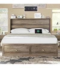 AMERLIFE Queen Murphy Bed with Storage & Charging Station, Farmhouse Murphy Cabinet with Foldable Panel, Noisy Free, for Guest Bedroom, Living Room, Office, Distressed White & Barnwood