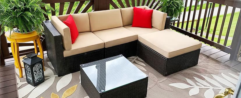 Vongrasig 5 Piece Patio Furniture Sets, All-Weather Brown PE Wicker Outdoor Couch Sectional Set, Small Conversation Set for Garden/Patio w/Ottoman, Glass Table, Red Pillow, Beige