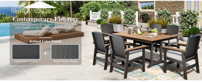HERA'S HOUSE Patio Table and Chairs Set 7-Piece, HDPE Outdoor Dining Furniture Set with Cushions, All-Weather Wood Grain Table & Wicker Chairs for Backyard, Garden, Deck (Durable & Low Maintenance)