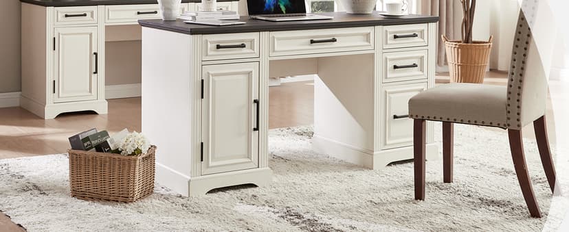 JXQTLINGMU 58" Executive Desk, Farmhouse Computer Desk with Drawers and Cabinet, Embossed Texture Home Office Desk w/Charging Station, Workspace for Work Study Writing, Off White