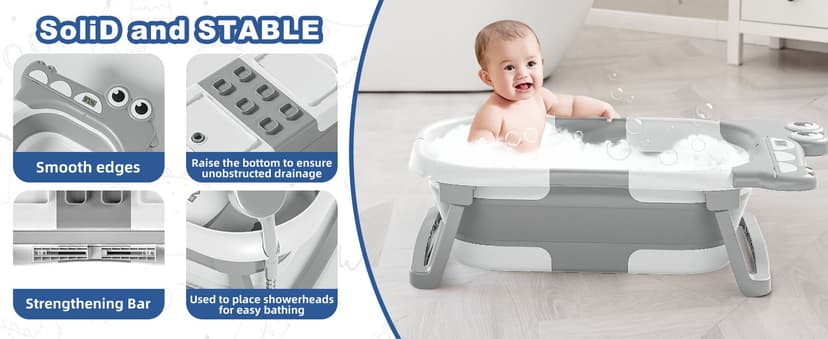 TPN Collapsible Baby Bathtub for Infants to Toddler with Real-time Temp Monitor+Floating Cushion,Foldable Baby Bath Tub Set Applicable 0-36 Month,Perfect Portable Travel Baby Tub for Newborns Boy