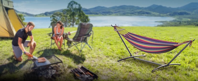 Double Hammock with Heavy-Duty Steel Stand,Portable,Easy Assembly,600lbs Weight Capacity,Perfect for Indoor,Yard,Camping,or Outdoor-Rainbow