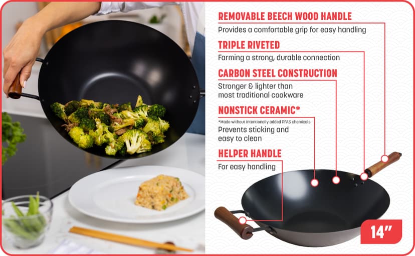JOYCE CHEN Classic Series 14-Inch Ceramic Nonstick Carbon Steel Wok