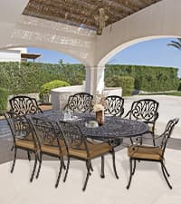 VIVIJASON 9-Piece Outdoor Furniture Dining Set, All-Weather Cast Aluminum Patio Conversation Set, Include 8 Cushioned Chairs and an Oval Table with Umbrella Hole for Balcony Lawn Garden Backyard