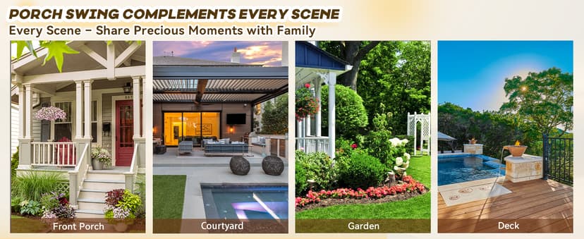 3 in 1 Outdoor Porch Swing with Adjustable Canopy, 3 Seat Outdoor Swing for Adults, Patio Swing Chair with Thickened Cushions,Pillows & Cup Holders for Backyard, Porch, Garden (Brown)