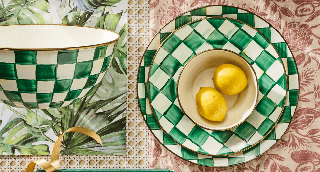 MACKENZIE-CHILDS Enamel Tea Kettle, Stylish Tea Kettle for Stovetop, Green-and-White Emerald Check, 2 Quarts