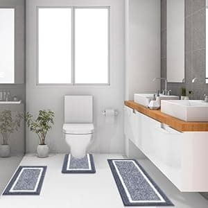 Pauwer Bathroom Rug Mat Set 3 Piece, Microfiber Shaggy Bath Set, Non-Slip Ultra Soft Carpet Mats, Absorbent with U-Shaped Toilet for Bathroom, Tub, Shower, Dark Grey