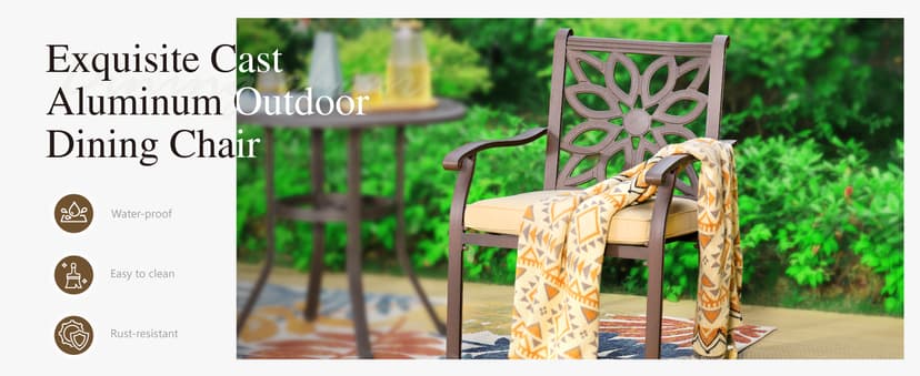 Sophia & William 7 Pieces Cast Aluminium Patio Dining Furniture Set for 6, Powder-Coating Outdoor Dining Chairs and Round Table with 2.2" Umbrella Hole for Porch Backyard Deck, Bronze