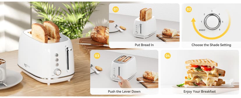 Keenstone Toaster 2 Slice, Retro Wide Slot Stainless Steel Toaster with 6 Browning Levels, Reheat & Defrost, for Bagel, Toast, Bread, Kitchen Essentials, Removable Crumb Tray, White