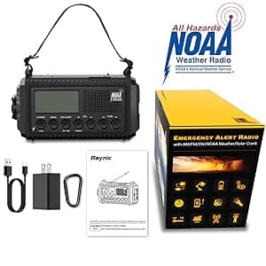 Raynic NOAA Weather Radio, 5000mAh/18500mWh Solar Hand Crank Emergency Radio, Battery Powered Portable Radio with AM/FM/SW/NOAA, Cell Phone Charger, Type-C Charging, Flashlight and SOS Siren