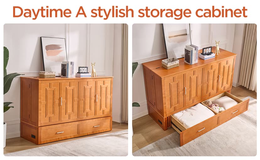 Murphy Bed Cabinet with Mattress, Queen Size Wall Beds with Large Storage Drawer and Charging Station, Hideaway Murphy Bed Chest for Home Office or Small Room (Gray)