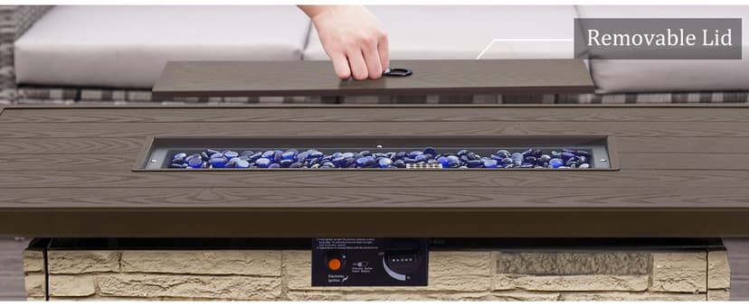43" Propane Fire Pit Table Outdoor Stone Firepit Table Rectangular 50000 BTU Propane Fire Tables for Outside Patio with Wind Guard, Table Lid, Fire Beads, Cover,Pizzello Caldo (Buff)
