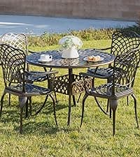 Kinger Home 5-Piece Cast Aluminum Outdoor Dining Furniture Set for 4, Round Patio Table and Chairs for 4 with Cushions, Outdoor Furniture Set with Umbrella Hole, All-Weather Patio Dining Set