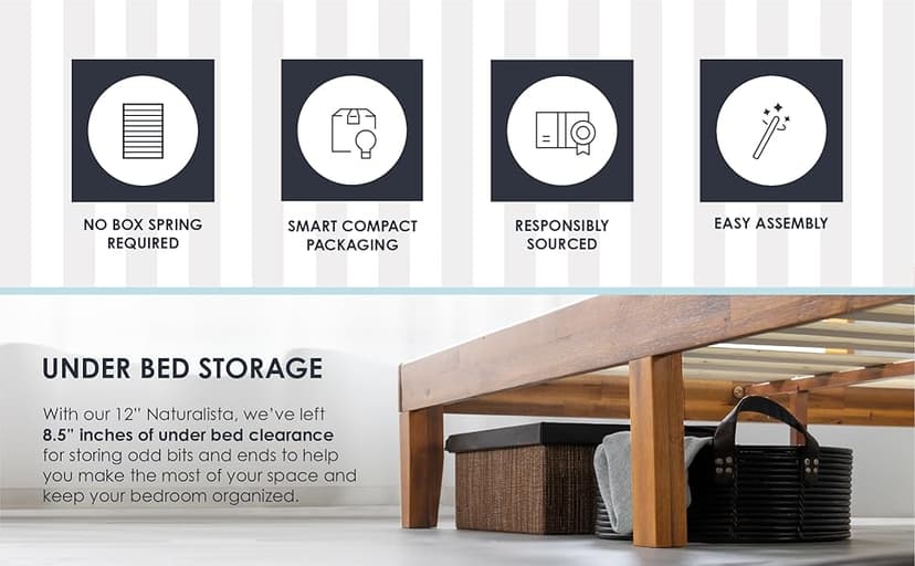 Mellow Naturalista Classic - 12 Inch Solid Wood Platform Bed with Wooden Slats, No Box Spring Needed, Easy Assembly, Queen, Pine