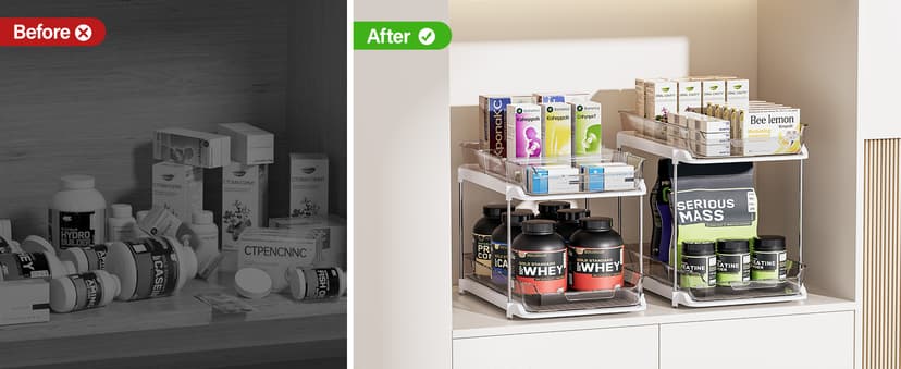 Delamu 2 Sets of 2-Tier Multi-Purpose Bathroom Under Sink Organizers and Storage, Stackable Kitchen Pantry Organization, Pull Out Medicine Cabinet Organizer with 8 Movable Dividers