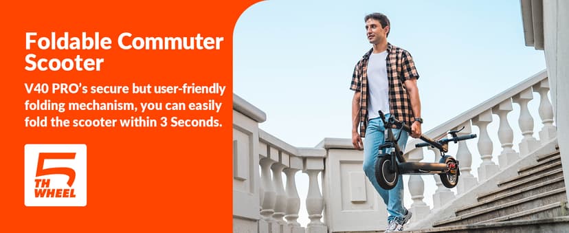5TH Wheel V40 PRO Electric Scooters, 48V 800W Peak Motor & 20 MPH, 24.9 Miles Range, 10" Solid Tires, Front-N-Rear Suspension and Ambient Light, Folding Sport Scooters with Dual Brake System and APP