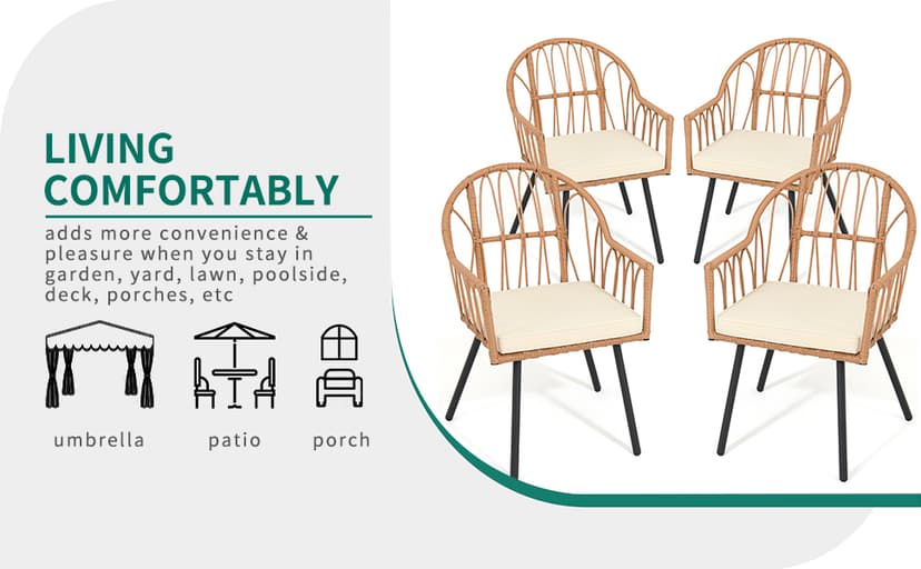 YITAHOME 4 Pieces Rattan Wicker Dinning Chairs, Outdoor Indoor Patio Furniture Set with Cushion and Curved Back All Weather Bistro Chair for Garden Backyard Porch Poolside Restaurant (Beige)