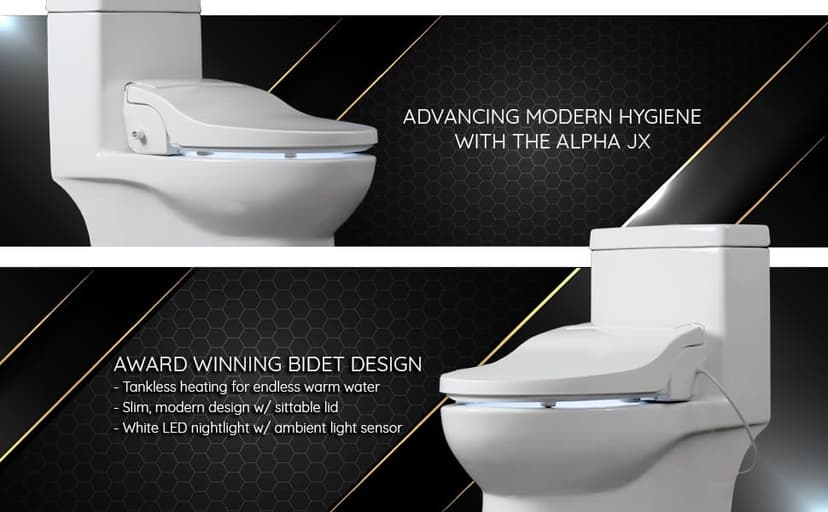 ALPHA BIDET JX2 Elongated Bidet Toilet Seat, White, Endless Warm Water, *NEW* Bowl Mist, LED Light, Quiet Operation, Wireless Remote, Stainless Steel Nozzle, Sittable Lid, 3 Year Warranty
