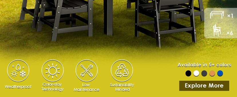 GREENVINES 7-Piece Outdoor-Dining-Set | HDPE Plastic 67'' Table and Chairs Sets for 6 | Patio Furniture | All Weather | Umbrella Hole | Black | for Poolside Garden Backyard