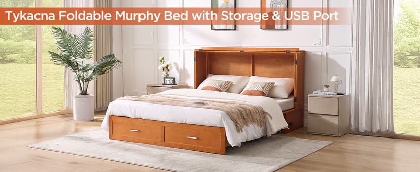 Queen Murphy Bed with Tri-Folding Mattress, Space-Saving Queen Size Wall Bed Built-in Charging Station, Foldable Murphy Bed Cabinet with 2 Storage Drawers for Bedroom, Guest Room, Cherry