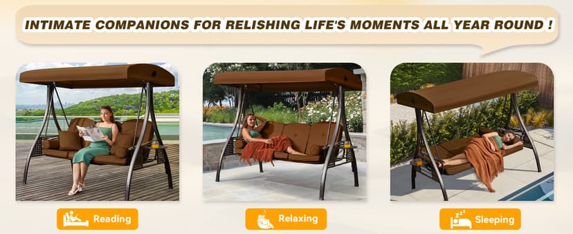 3 in 1 Outdoor Porch Swing with Adjustable Canopy, 3 Seat Outdoor Swing for Adults, Patio Swing Chair with Thickened Cushions,Pillows & Cup Holders for Backyard, Porch, Garden (Brown)