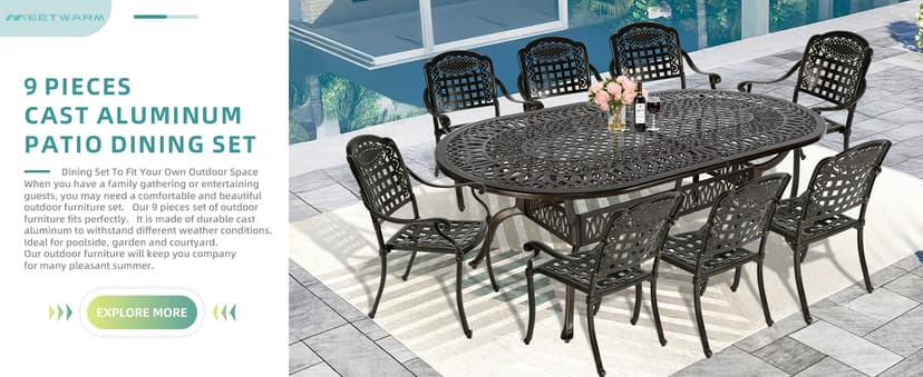 MEETWARM 9-Piece Outdoor Furniture Dining Set, All Weather Cast Aluminum Patio Garden Set with 8 Chairs,1 Oval Table, 2" Umbrella Hole, Dark Bronze