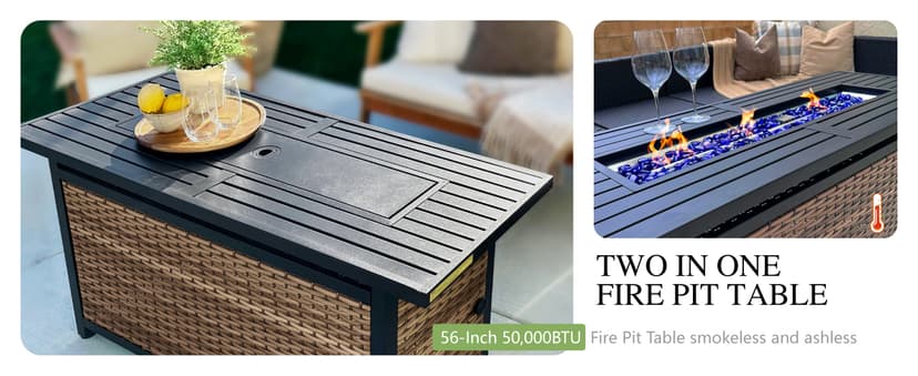 Sophia & William Patio Furniture Set with 56" Fire Pit Table, 10PCS Outdoor Wicker Sectional Conversation Set with 3-Seater Sofa, 2-Seater Couch, 2 Ottoman & FirePit Table(Beige)