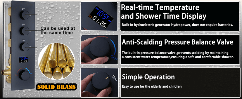 Matte Black Thermostatic Shower System Digital Display Full Body Shower System with 16 x 26 Inch Ceiling Rain LED Shower Head, Handheld Shower and 6 PCS Body Jets