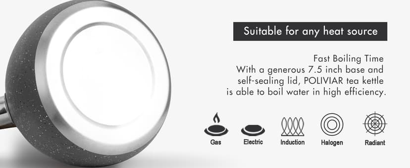 POLIVIAR Tea Kettle, 2.7 Quart Natural Stone Finish with Wood Pattern Handle Loud Whistle Food Grade Stainless Steel Teapot, Anti-Hot Handle and Anti-Rust, Suitable for All Heat Sources (JX2018-GR20)