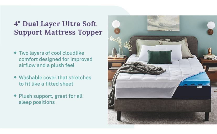 Sleep Innovations Dual Layer 4 Inch Memory Foam Mattress Topper, Queen Size, Ultra Soft Support, 3 Inch Cooling Gel Memory Foam Plus 1 Inch Fluffy Pillow Top Cover