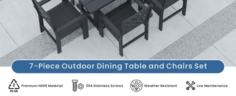 7-Piece Outdoor Dining Set, HDPE All-Weather Patio Table and Chairs Set for 6, Outdoor Patio Furniture Sets with Umbrella Hole for Outside, Deck, Backyard, Garden (Black)