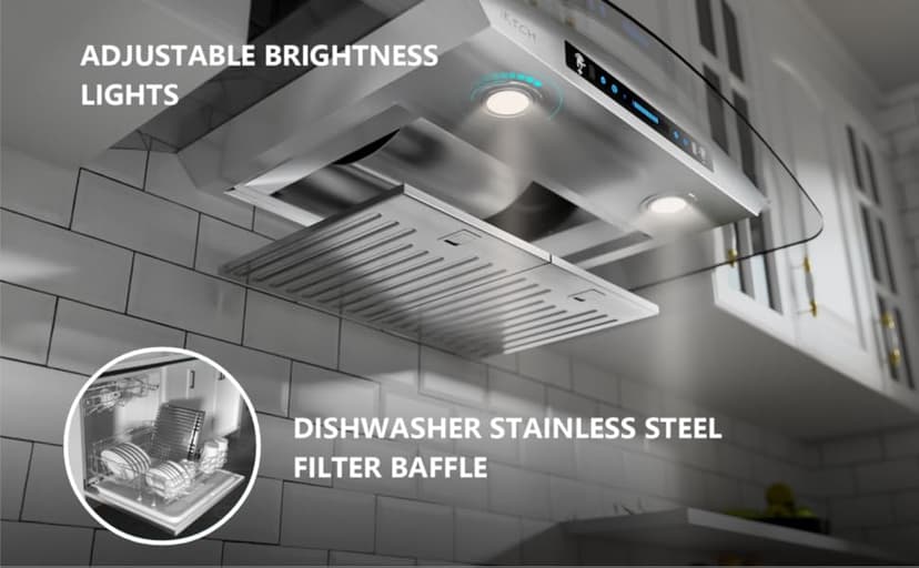 IKTCH 30-inch Wall Mount Range Hood Tempered Glass 900 CFM, Kitchen Chimney Vent Stainless Steel with Gesture Sensing & Touch Control Switch Panel, 2 Pcs Adjustable Lights(IKP03-30)