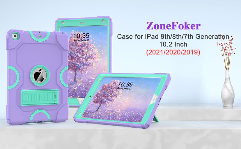 for iPad 9th Generation Case, iPad 8th 7th Generation Case, iPad 10.2 Inch 2021/2020/2019 Case, Heavy Duty Rugged Shockproof Protective Cover with Kickstand for Kids Boys Girls Purple/Green