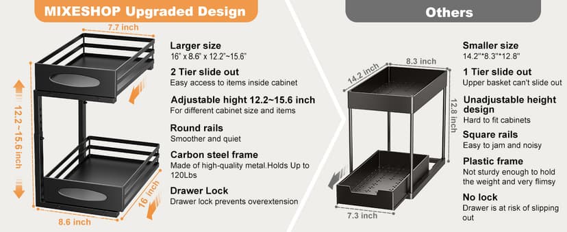 Under Sink Organizer, Pull Out Cabinet Organizers, Slide Sink Steel Shelf Cabinet Storage Shelves, Under Sink Storage for Kitchen Bathroom Cabinet (Black, 2 Pack)