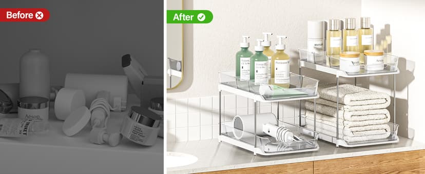 Delamu 2 Sets of 2-Tier Multi-Purpose Bathroom Under Sink Organizers and Storage, Stackable Kitchen Pantry Organization, Pull Out Medicine Cabinet Organizer with 8 Movable Dividers