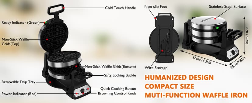 Waffle Maker, 1400W Belgian Waffle Maker, Double Waffle Iron 180° Flip, Rotating Nonstick Plates, Adjustable Browning Control, Locking Buckle & Cool Touch Handle, Removable Drip Tray, Stainless Steel
