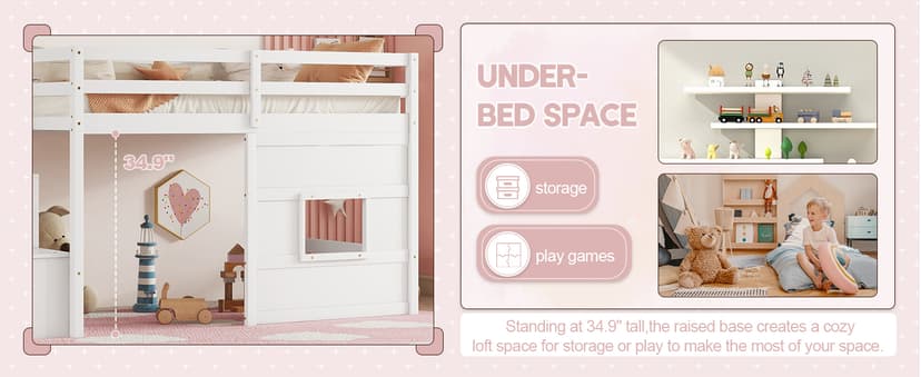 Twin Size Low Loft Bed with Stairs, Kids Loft Bed with Storage,Solid Wood Twin Loft Bed Frame for Kids, Space Saving Low Loft Bed for Boys, Girls, White