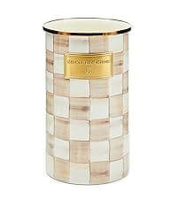 MACKENZIE-CHILDS Enamel Whistling Tea Kettle, Decorative Teapot for Stovetop, Brown-and-White Mocha Check