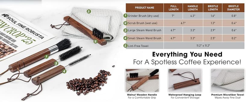 Takavu Coffee Grinder Cleaning Kit – 5pcs Boar Bristle Grinder Brush, Detail Scrub Brush, Steam Wand Brushes & Microfiber Towel for Espresso Machine Coffee Maker Pour Over
