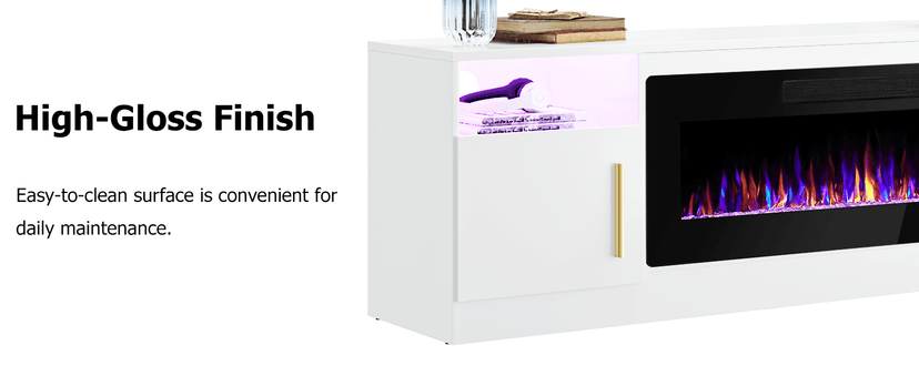 Lemberi Fireplace tv Stand with 36 inch Fireplace Up to 80" TVs,LED Light Entertainment Center and Storage, 70" Modern Wood Media TV Console with Highlight Cabinet for Living Room (White)