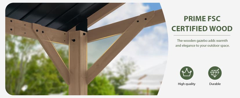 Aoxun 12' x 16' Outdoor Wood Gazebo, Hardtop Gazebo Permanent Wooden Pavilion with Galvanized Steel Gable Roof, for Patio, Garden, Deck, Cedar Wood