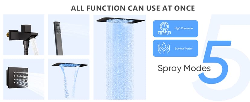 23" Full Body Thermostatic Shower System with Body Jets, Luxury LED Music Rainfall Waterfall Shower Jets System In Wall, Smart Ceiling Mount Multi Function Rain Shower Faucet Set