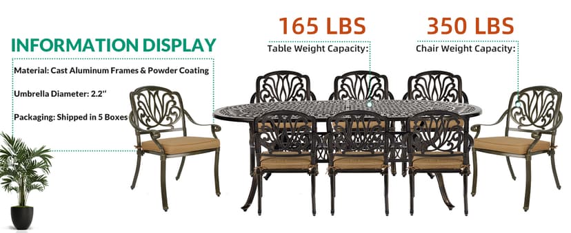 VIVIJASON 9-Piece Outdoor Furniture Dining Set, All-Weather Cast Aluminum Patio Conversation Set, Include 8 Cushioned Chairs and an Oval Table with Umbrella Hole for Balcony Lawn Garden Backyard