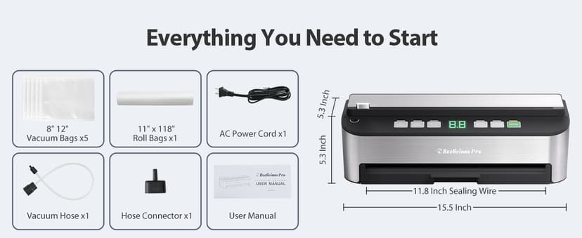 PressFree TRUE-Auto Vacuum Sealer Machine, Beelicious 85KPA Fully Automatic 8-IN-1 Food Sealer with Bags Storage, Build-in Cutter, Moist Mode and Air Suction Hose | Digital Countdown | Sous Vide