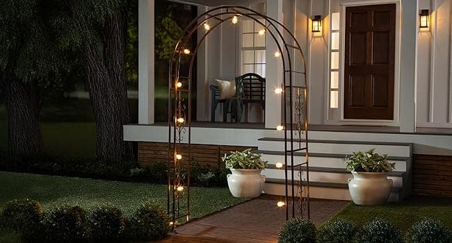 Evergreen Plow & Hearth Montebello-Gunmetal Garden Arbor - 7 Feet Tall | Slim Metal Arch with Iron Trellis for Climbing Plants | Elegant Wedding Arbor | Outdoor Patio & Garden Decor