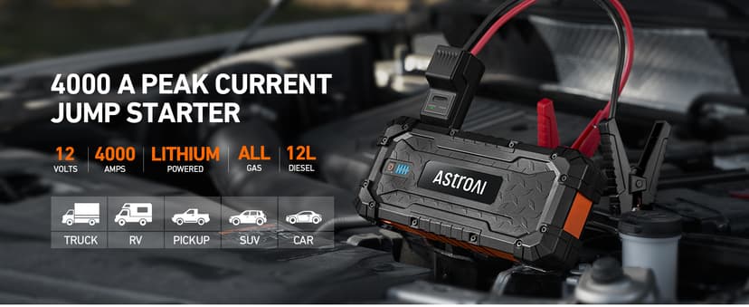 AstroAI S8 Ultra 4000A Jump Starter, 24000mAh Car Starter(All Gas, Up to 12L Diesel Engine), 12V Auto Battery Booster Pack, Jump Box with USB Quick Charge and DC/Type C Port, LED Light, Jumper Cable