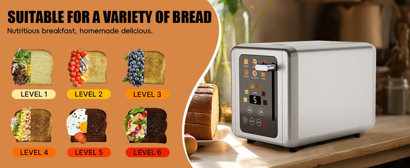 Touch screen Toaster 2 slice,Stainless Steel Digital Timer Toasters with Sound Function,6 Bread Types & 6 Shade Settings,Smart Extra Wide Slots Toaster with Bagel,Defrost Functions
