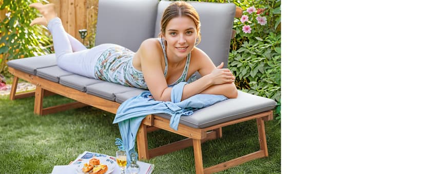 Devoko Outdoor Couch Acacia Wood Patio Couch with Adjustable Armrests, Outdoor Convertible Sofa with Removable Cushions & Pillows for Patio, Porch, Poolside(Grey)